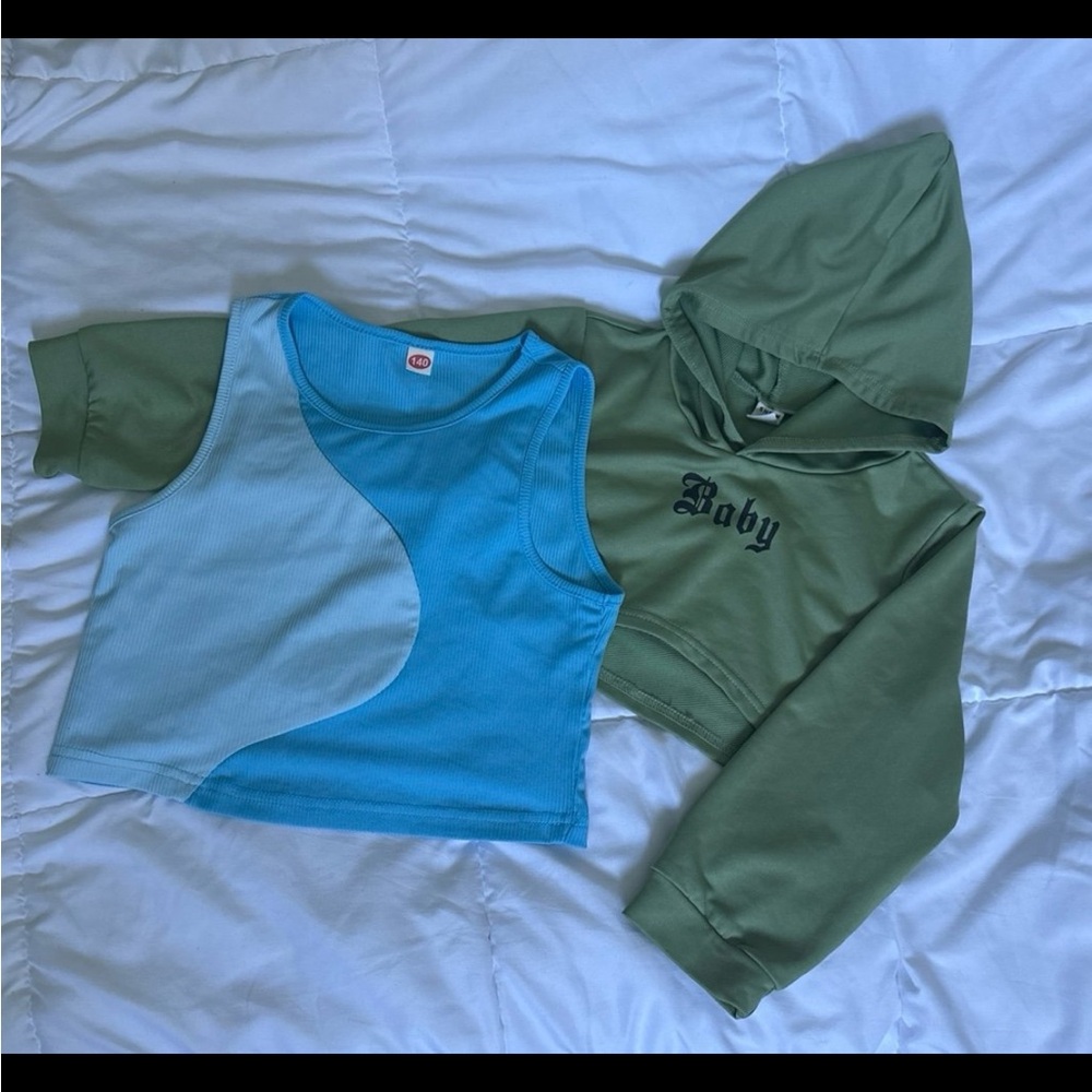 SHEIN Blue and Green Crop Top and Hoodie Set